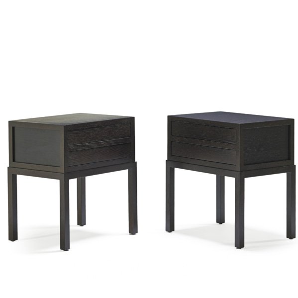 CHRISTIAN LIAIGRE Pair of Mystere nightstands: CHRISTIAN LIAIGRE HOLLY HUNT Pair of Mystere two-drawer nightstands, New York, 2000s; Stained and lacquered oak; Metal labels; 27 3/4" x 24 1/2" x 18"