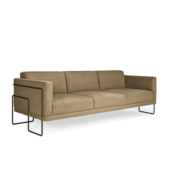 KWOK HOI CHAN Sofa: KWOK HOI CHAN STEINER Three-seat sofa, France, 1970s; Bronze, brass, suede; Unmarked; 27" x 81" x 31"