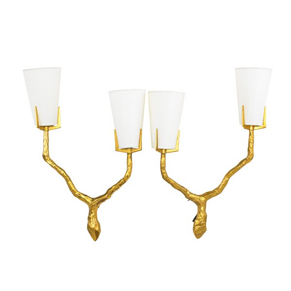FELIX AGOSTINI Pair of sconces: FELIX AGOSTINI (1912 - 1974) Pair of sconces, France, 1960s; Gilt bronze, silk shades, single sockets; Unmarked; 16 1/2" x 12" x 4 1/4"