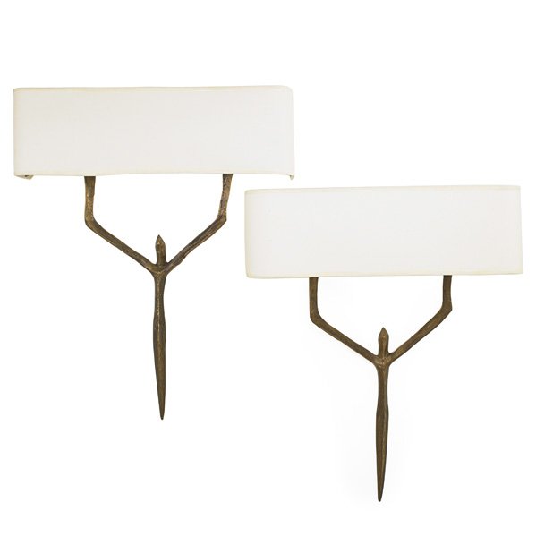 FELIX AGOSTINI Pair of sconces: FELIX AGOSTINI (1912 - 1974) Pair of sconces, France, France, 1960s; Patinated bronze, linen shades, two sockets; Unmarked; 22" x 18" x 5 1/2"