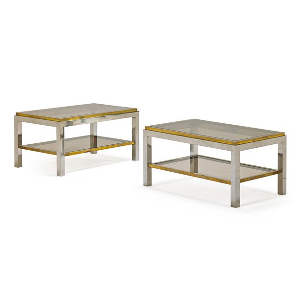 WILLY RIZZO Pr. side tables: WILLY RIZZO (1928 - 2013) Pair of side tables, France, 1970s; Chromed steel, brass, bronze-tinted glass; Signed; 16" x 31 1/2" x 19 1/2"