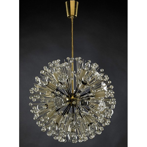 EMIL STEJNAR Chandelier: EMIL STEJNAR (b. 1939) Radiating chandelier, Austria, 1960s; Glass enameled metal, gold-plated brass; Unmarked; To top of collar: 31" x 18" dia.