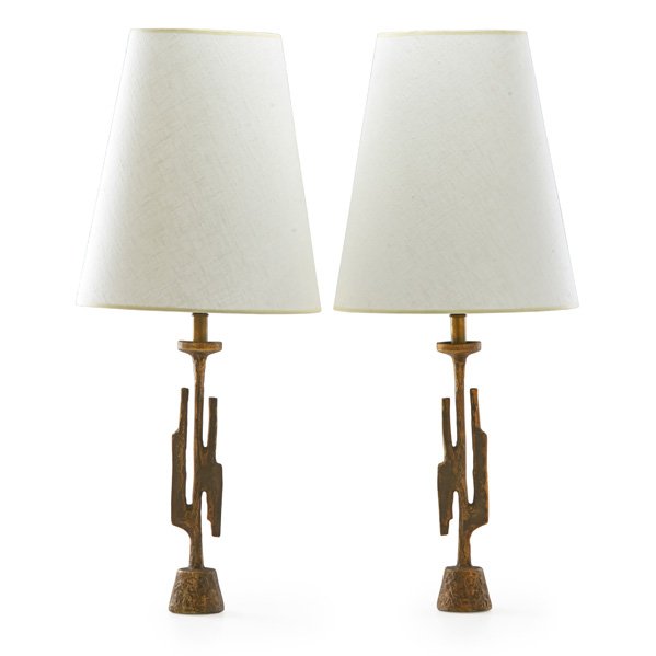 ALICIA PENALBA Pair of table lamps: ALICIA PENALBA (1918-1982) Pair of table lamps, France, 1960s; Patinated bronze, linen shades, single sockets; Both stamped A. PENALBA; Overall: 28 1/2" x 12", bases only: 13 1/2"