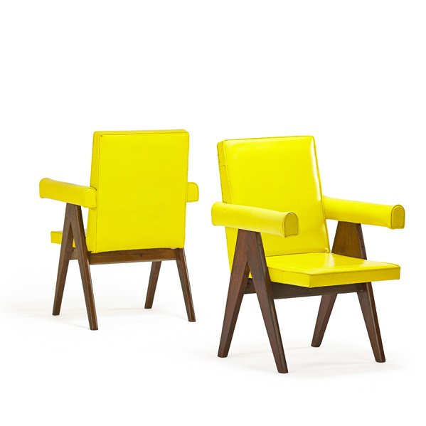 PIERRE JEANNERET Two Senate armchairs: PIERRE JEANNERET (1896 - 1967) Two Senate armchairs from the Chandigarh administrative buildings, France/India, 1950s; Teak, leather; Unmarked; 36 1/2" x 25" x 26" Literature: Le Corbusier Pierre Jean
