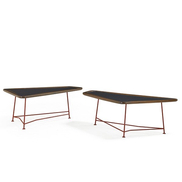 RAMOS Pair of coffee tables: CHARLES RAMOS Pair of coffee tables, France, 1950s; Stained oak, laminate, enameled steel; Unmarked; 17" x 48" x 28"