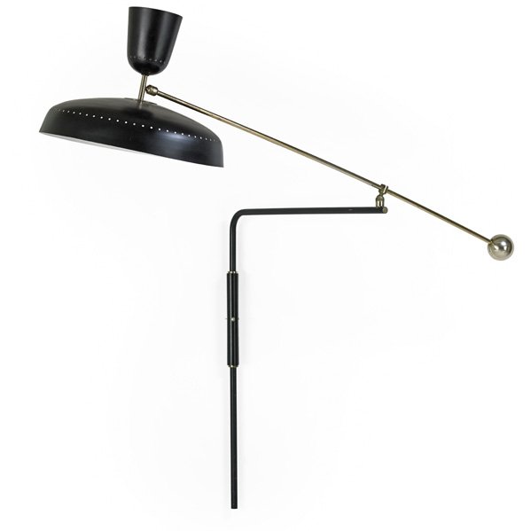 PIERRE GUARICHE; DISDEROT Wall lamp: PIERRE GUARICHE (1926 - 1995) DISDEROT Adjustable counterbalance wall lamp, France, 1950s; Enameled metal and aluminum, nickel-plated brass; UnmarkedAs shown: 51 1/2" x 54" x 50"