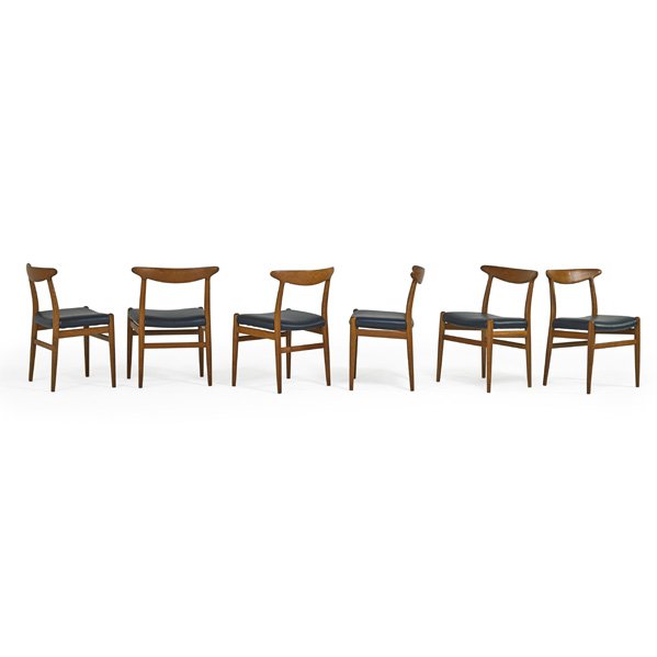 HANS WEGNER Six dining chairs: HANS WEGNER (1914 - 2007) C.M. MADSENS FABRIKER Set of six dining chairs (no. CH 23), Denmark, 1960s; Oak, vinyl; Branded; 30" x 19 1/2" x 18 1/2"