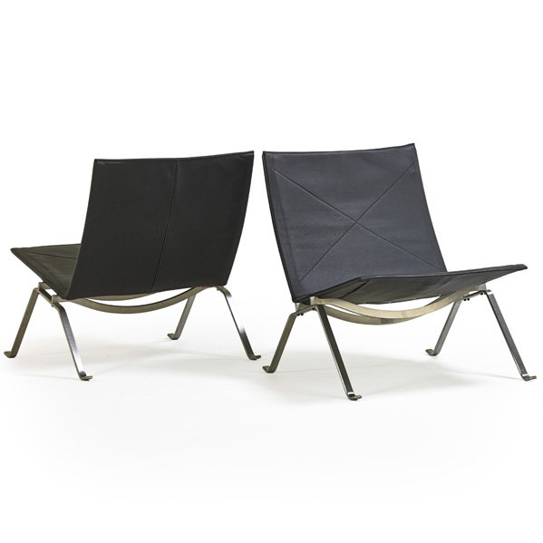 POUL KJAERHOLM; FRITZ HANSEN Pr. of chairs: POUL KJAERHOLM (1929 - 1980) FRITZ HANSEN Pair of PK 22 chairs, Denmark, 2000s; Leather, matte chromed steel; Stamped and manufacturer's labels; 27 1/2" x 25" x 26"