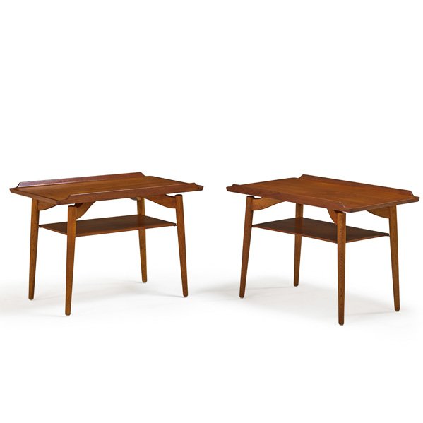 ARNE VODDER; SIBAST Pair of tiered side tables: ARNE VODDER (1926 - 2009) SIBAST Pair of tiered side tables, Denmark, 1960s; Teak, oak; Each branded George Tanier; 20 1/2" x 30" x 18 1/2"