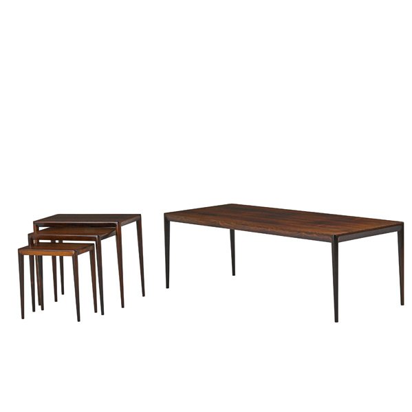 SEVERIN HANSEN Coffee table and nesting tables: SEVERIN HANSEN HASLEV Rosewood coffee table and three nesting tables, Denmark, 1960s; All with manufacturer, Danish control, and retailer labels; Coffee table: 19 3/4" x 58 3/4" x 23 1/4", largest nes