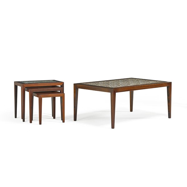 SEVERIN HANSEN Nesting tables and coffee table: SEVERIN HANSEN HASLEV MOBELSNEDKERI A/S Coffee table and three nesting tables, Denmark, 1960s; Rosewood, glazed ceramic; Manufacturer's labels; Coffee table: 20" x 44 1/2" x 29 1/4", largest nesting t