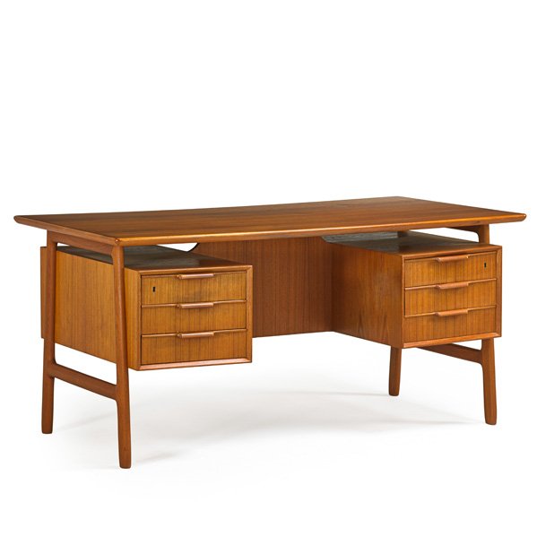 OMANN JUN Desk: OMANN JUN Teak double-pedestal desk (no. 75), Denmark, 1960s; Manufacturer's foil label; 29 3/4" x 60" x 31 3/4"