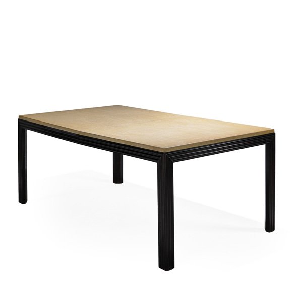 PAUL FRANKL; JOHNSON FURNITURE CO Dining table: PAUL FRANKL (1886 - 1958) JOHNSON FURNITURE CO Dining table (no. 2263), USA, 1940s; Lacquered cork, mahogany; Steciled numbers, paper manufacturer's label; 29 1/4" x 72" x 42", two leaves: 11"