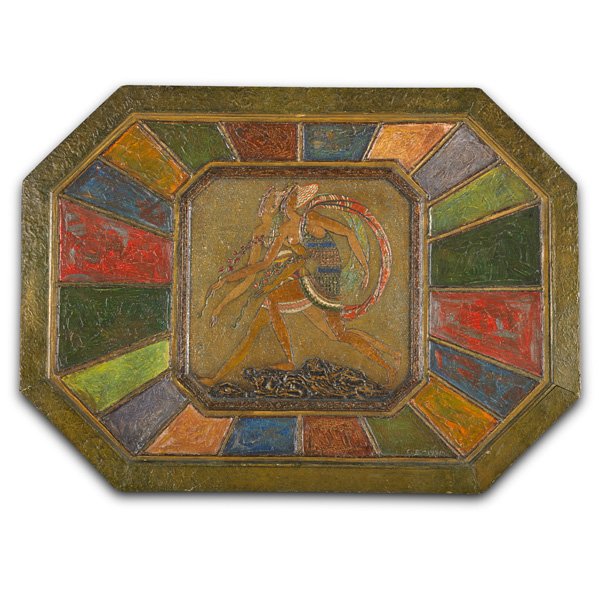 CHARLES BASKERVILLE Wall plaque: CHARLES BASKERVILLE (1896 - 1994) Wall-hanging plaque, New York, 1926; Carved, gessoed and polychromed wood; Signed C.B, 1926; 27 1/2" x 37 1/2" x 1"