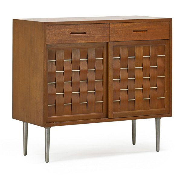 EDWARD WORMLEY; DUNBAR Two-door cabinet: EDWARD WORMLEY (1907 - 1995) DUNBAR Two-door cabinet, Berne, IN, 1940s; Mahogany, aluminum; Unmarked; 38" x 41 1/2" x 18"
