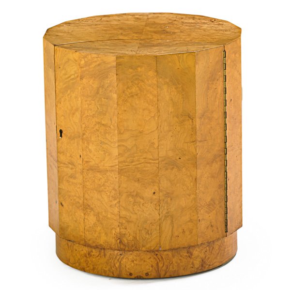EDWARD WORMLEY; DUNBAR Bar cabinet: EDWARD WORMLEY (1907 - 1995) DUNBAR Olive burl bar cabinet (Model 6302C), Berne, IN, 1950s; Paper and brass labels; 18 1/2" x 16" dia.