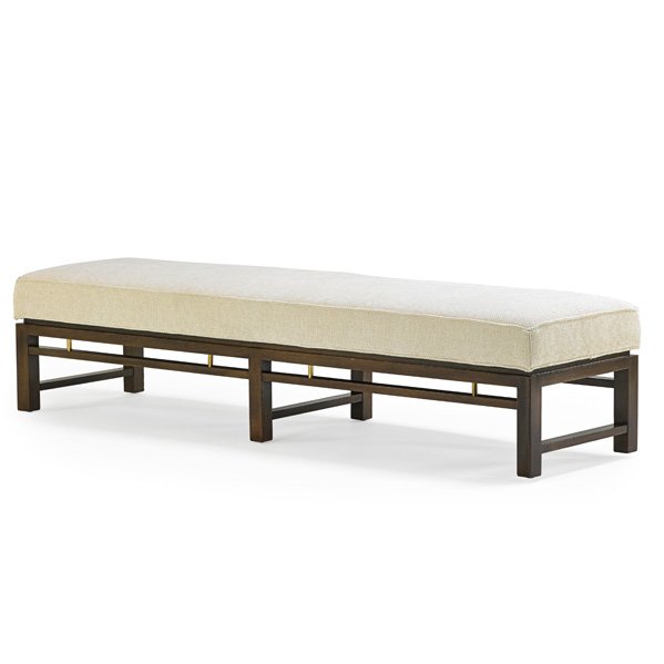 WORMLEY; DUNBAR Bench: EDWARD WORMLEY (1907 - 1995) DUNBAR Bench, Berne, IN, 1960s; Lacquered mahogany, brass, wool; Unmarked; 15" x 66" x 18 1/2"