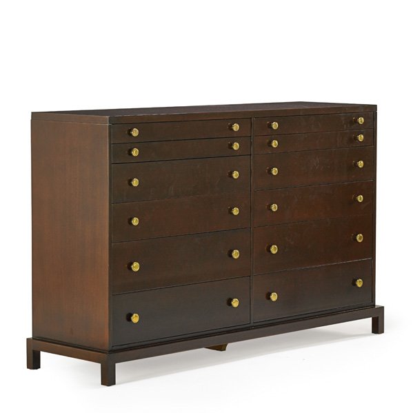 T.H. ROBSJOHN-GIBBINGS; WIDDICOMB MODERN Dresser: T.H. ROBSJOHN-GIBBINGS (1905 - 1976) WIDDICOMB MODERN Large dresser, Grand Rapids, MI, 1940s; Stained and lacquered walnut, brass; Decal label; 44 1/4" x 69 1/2" x 21 1/2"