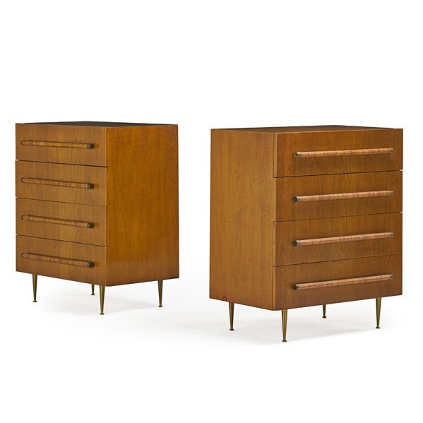 T.H. ROBSJOHN-GIBBINGS; WIDDICOMB Pr. dressers: T.H. ROBSJOHN-GIBBINGS (1905 - 1976) WIDDICOMB Pair of dressers, Grand Rapids, MI, 1950s; Walnut, woven cane, brass; Manufacturer's labels; 40 3/4" x 34 1/2" x 21 1/2"