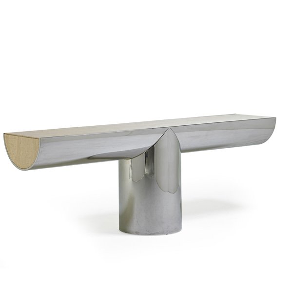 J. WADE BEAM; BRUETON Tee Console: J. WADE BEAM BRUETON Tee Console, Freeport, NY, 1980s; Stainless steel, travertine; Unmarked; 30 1/2" x 84" x 18"