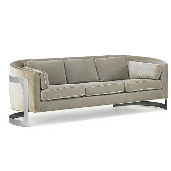 SELIG Three-seat sofa: SELIG Three-seat sofa, Denmark, 1970s; Chromed steel, velour; Unmarked; 28 1/2" x 84" x 32"