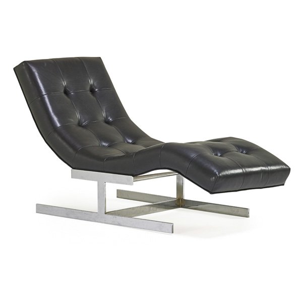 MILO BAUGHMAN; THAYER COGGIN Chaise longue: MILO BAUGHMAN (1923 - 2003) THAYER COGGIN Chaise longue, High Point, NC, 1970s; Chromed steel, leather; Unmarked; 33" x 25 1/2" x 60"