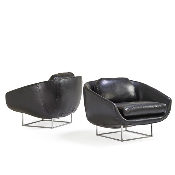 MILO BAUGHMAN; THAYER COGGIN Pr. lounge chairs: MILO BAUGHMAN (1923 - 2003) THAYER COGGIN Pair of lounge chairs, High Point, NC, 1970s; Chromed steel, recycled leather; Manufacturer labels; 27" x 38" x 31"