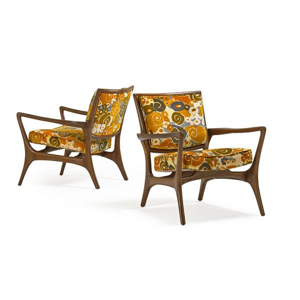 VLADIMIR KAGAN Pair lounge chairs: VLADIMIR KAGAN (b. 1927) KAGAN-DREYFUSS Pair of lounge chairs (no. 175C), New York, 1950s; Sculpted walnut, Jack Lenor Larson velvet; 30" x 26" x 30"