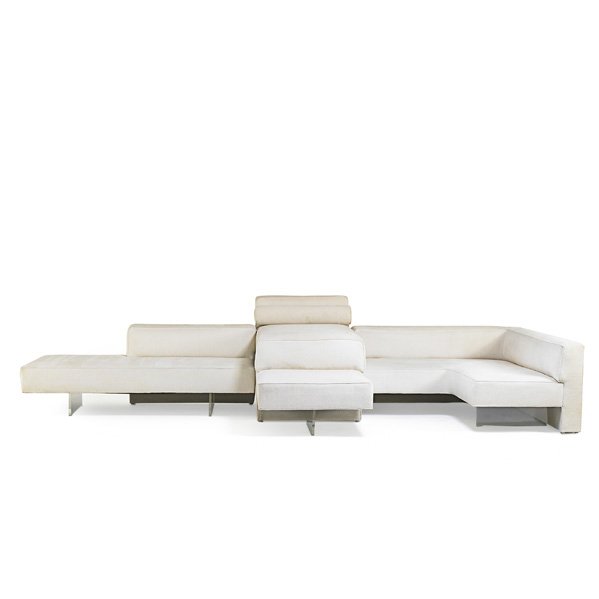 VLADIMIR KAGAN Three-piece Sectional Omnibus sofa: VLADIMIR KAGAN (b. 1927) VLADIMIR KAGAN DESIGNS INC. Three-piece sectional Omnibus sofa, USA, 1970s; Chenille, acrylic; Unmarked; Largest: 27 1/2" x 92" x 61", perch: 37" x 32 1/2" x 72", third piece: