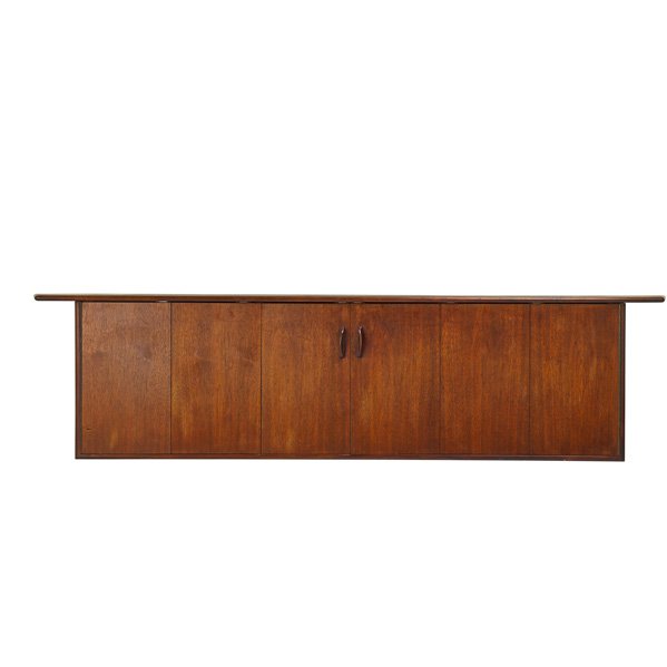 JENS RISOM (Attr.) Wall-hanging cabinet: JENS RISOM (Attr.) (b. 1916) Teak wall-hanging cabinet, USA, 1950s; Unmarked; 21 1/2" x 88" x 18 1/2"