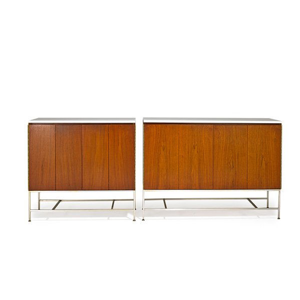PAUL McCOBB; CALVIN Two cabinets: PAUL McCOBB (1917 - 1969) CALVIN Two cabinets, Grand Rapids, MI, 1950s; Walnut, aluminum, milk glass; Metal labels; Larger: 34 1/2" x 48" x 19", smaller: 34 1/2" x 36" x 19"