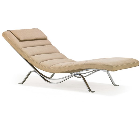 NELSON; HERMAN MILLER Chaise longue: GEORGE NELSON (1908 - 1986) HERMAN MILLER Chaise longue (model 5490), Zeeland, MI, 1950s; Chromed steel, wool; Unmarked; 28" x 67" x 30"