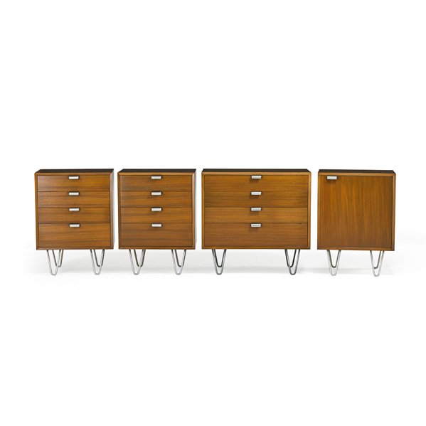 GEORGE NELSON; HERMAN MILLER Four cabinets: GEORGE NELSON (1908 - 1986) HERMAN MILLER Four cabinets, Zeeland, MI, 1950s; Walnut, zinc-plated metal; Manufacturer's labels; Pair of dressers: 32 1/2" x 24" x 18 1/2", large dresser: 32 1/2" x 34 1/