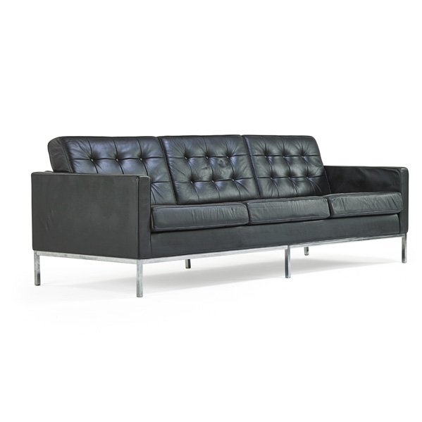 FLORENCE KNOLL; KNOLL STUDIO Sofa: FLORENCE KNOLL (b. 1917) KNOLL STUDIO Sofa, Italy/USA, 1990s; Chromed steel, leather; Embroidered decking; 31" x 90 1/2" x 32 1/2"