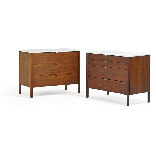 FLORENCE KNOLL Two dressers: FLORENCE KNOLL (b. 1917) KNOLL ASSOCIATES Two dressers, New York, 1950s; Walnut, marble, chromed metal; Manufacturer's labels; Both 29 1/2" x 36" x 19 1/2"
