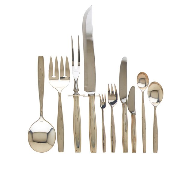 R. LOEWY; WALLACE Sterling flatware, "Discovery": RAYMOND LOEWY (1893 - 1986) WALLACE "Discovery" 110-piece sterling flatware set for twelve, USA, ca. 1957; All stamped WALLACE STERLING with monogram; Largest 14 1/4" long 185.27 OT