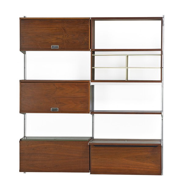 GEORGE NELSON; HERMAN MILLER CSS: GEORGE NELSON (1908 - 1986) HERMAN MILLER Comprehensive Storage System (CSS), Zeeland, MI, 1960s; Rosewood, walnut, aluminum, enameled aluminum, enameled wood, glass; As shown: 73 1/2" x 65" x 19 1/2"