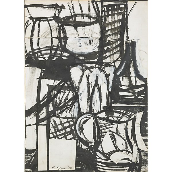 Grace Hartigan (American, 1922-2008): Untitled, 1956; Ink, gouache and cut paper (framed); Signed and dated; 16 1/2" x 11 3/4" (sight); Provenance: Daisy Aldan; Private Collection, New Jersey