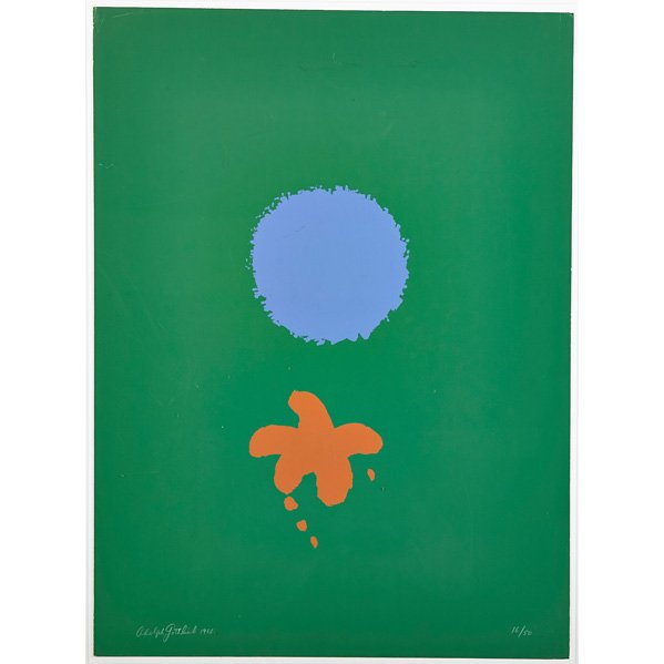 Adolph Gottlieb (American, 1903-1974): Green Ground Blue Disk, 1966; Screenprint in colors (framed); Signed, dated and numbered 16/50; 24" x 18" (sheet); Provenance: Private Collection, Maryland