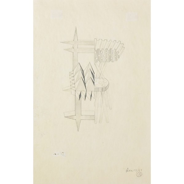 Lucas Samaras (American/Greek, b. 1936): Chair Transformation Sketch 25, 1969; Pencil on paper (framed); Initialed and dated; 13" x 8 1/2" (sheet); Provenance: The Pace Gallery, New York (label on verso); Private Collection, New York