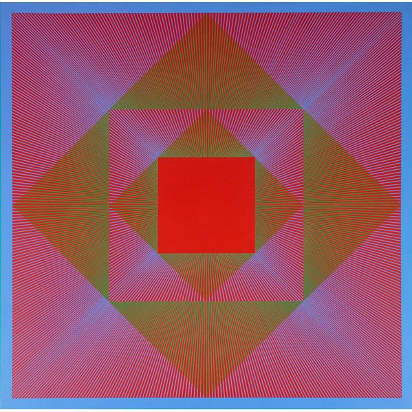 Richard Anuszkiewicz (American, b. 1930): Crimson Sanctuary, 1965; Liquitex on board (Kulicke frame); Signed and dated; 35 3/4" x 35 3/4"; Exhibition: Optical Art, circulated by The Museum of Modern Art, New York, 1966-68; Paintings by Richar