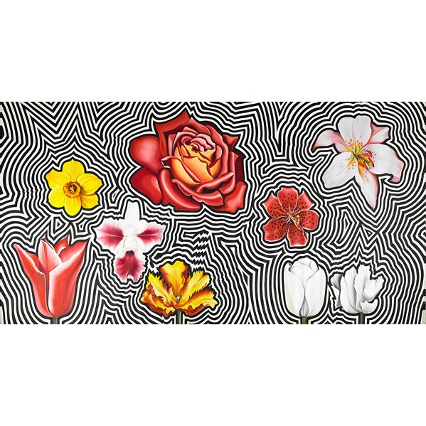 Lowell Nesbitt (American, 1933-1993): Nine Electric Flowers, 1974; Oil on canvas; Signed, dated and titled; 90 1/2" x 180"; Provenance: Private Collection, Florida