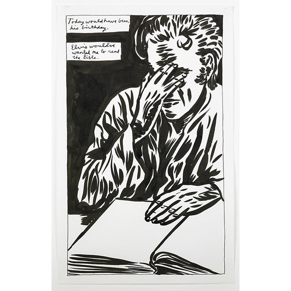Raymond Pettibon (American, b. 1957): Untitled (Today would have been his birthday. Elvis would've wanted me to read the Bible.), 1987; Ink on paper (framed); Signed and dated; 23" x 14 1/2" (sheet); Provenance: Private Collection
