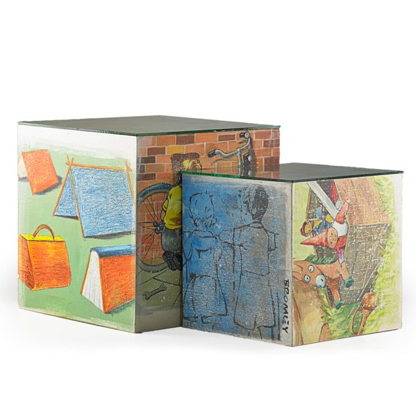 David Bromley (Australian, b. 1960): Untitled; Two oil on canvas laid on a wooden cubes; Each signed; Smallest: 15 3/8" x 15 3/8" (each face); Largest: 19 3/8" x 19 3/8" (each face); Provenance: Private Collection