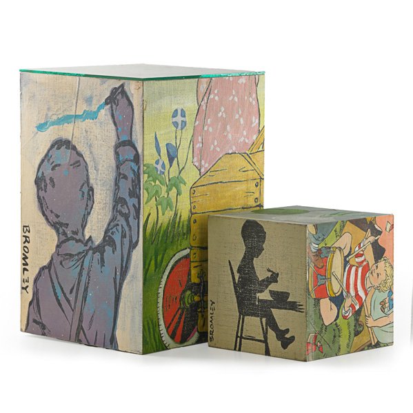 David Bromley (Australian, b. 1960): Untitled; Two oil on canvas laid on a wooden cubes; Each signed; Smallest: 11 3/8" x 11 3/8" (each face); Largest: 23 1/4" x 15 3/8" (four sides), 15 3/8" x 15 3/8" (top and bottom); Provenance: Priva