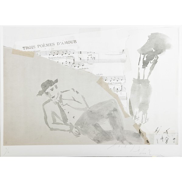 Nicolas Africano (American, b. 1948): Three works of art: Trois Poèmes D'Amour, 1989; Ink wash and collage on paper (framed); Initialed and dated; 9 1/2" x 14" (sheet); Trois Poèmes D'Amour, 1989; Lithograph and screenprint in colors; S