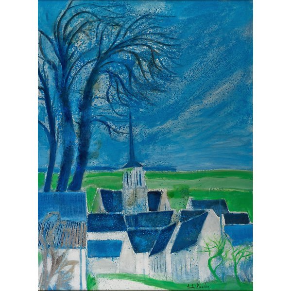 Andre Brasilier (French, b. 1929): Marcilly Village de Touraine; Oil on linen (framed); Signed; 51 1/2" x 38"; Provenance: Private Collection