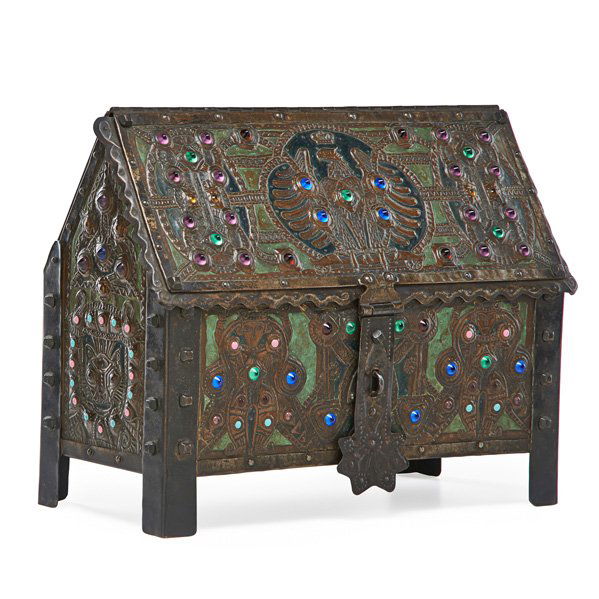 ALFRED DAGUET (French, 1875-1942) JEWELED CASKET: Lidded box in hammered and tooled copper with stylized animal and floral designs and applied jewels, early 20th c.; Initialed AD Paris; 11 1/2" x 13" x 6 1/2"