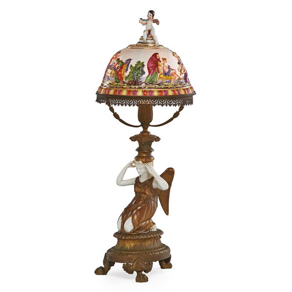 CAPODIMONTE STYLE FIGURAL BRONZE LAMP: European, early 20th c.; Shade repaired; 21"