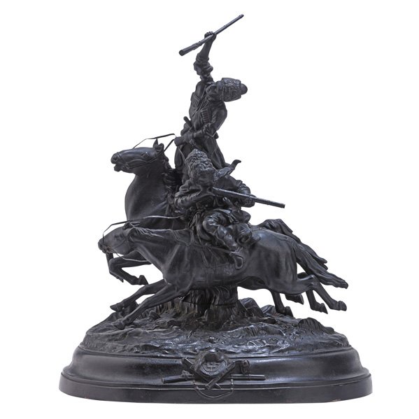 EVGENY ALEXANDROVICH LANCERAY (Russian, 1848-1886): Cast iron sculpture with black patina, "The Triumph of the Cossacks", 19th c.; Signed with Cyrillic inscription, Kasli foundry mark; 22" x 18" x 10 1/2"